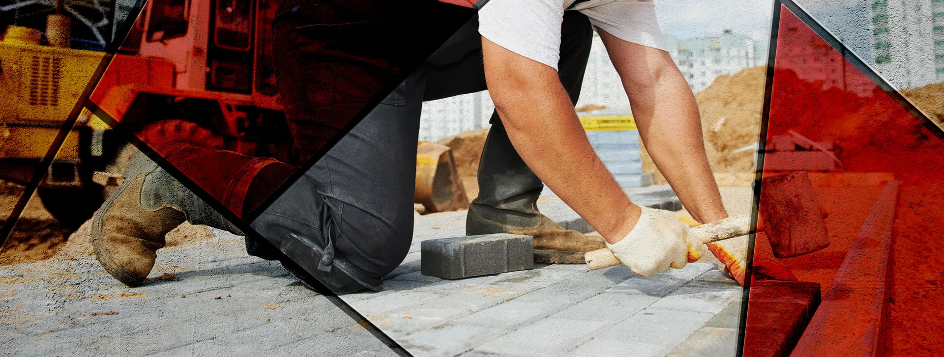 A mason kneeling on a job site to set concrete pavers in place